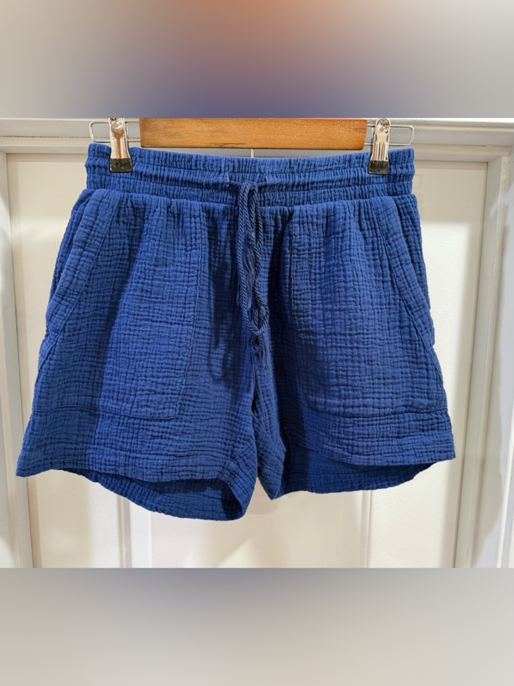 Royalty For Me Blue Gauzy Cotton Textured Drawstring Shorts Size Small